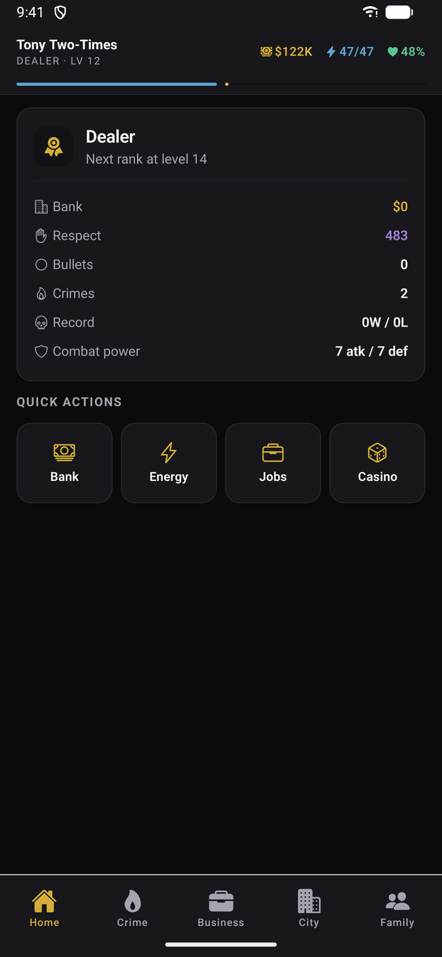 The MyMafia home screen showing rank, cash, energy and quick actions
