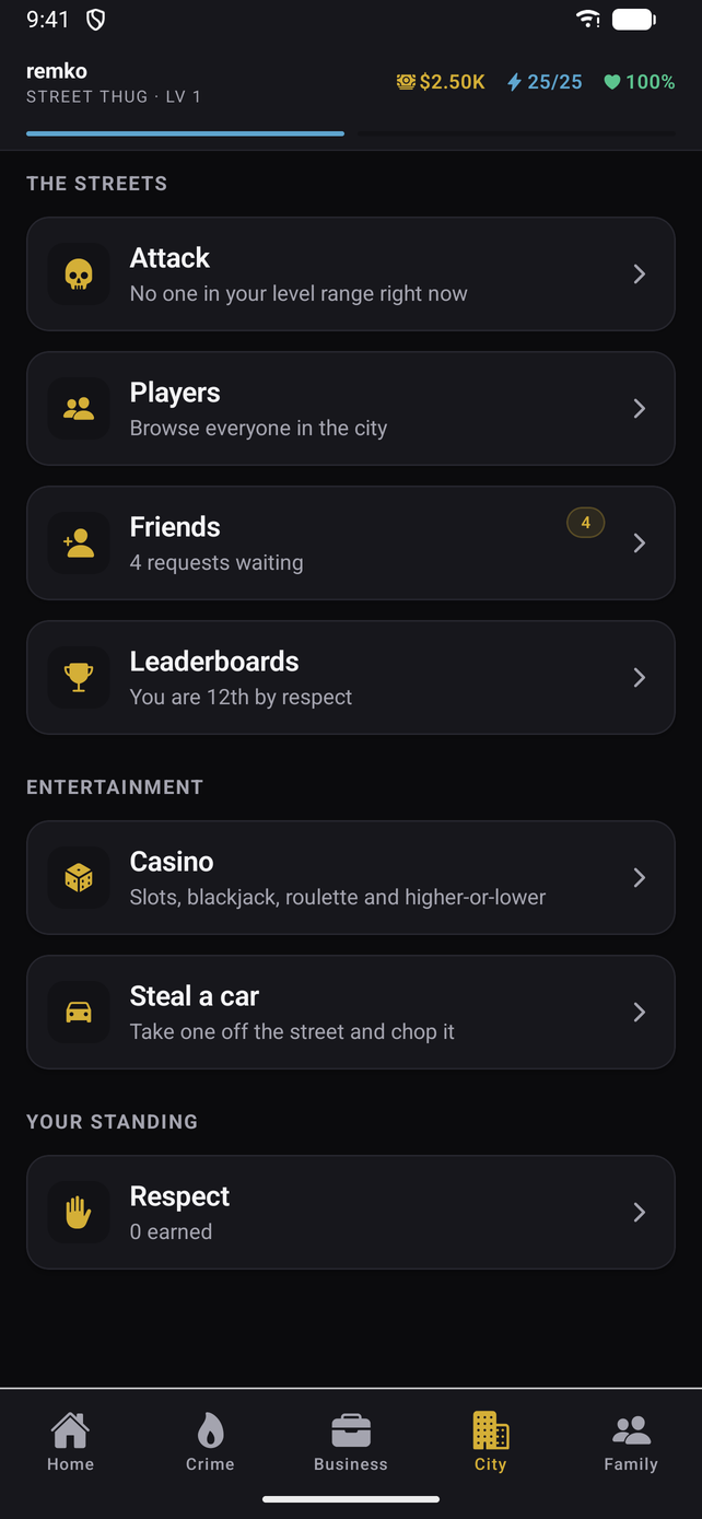 The city screen listing attack, players, friends, leaderboards and the casino