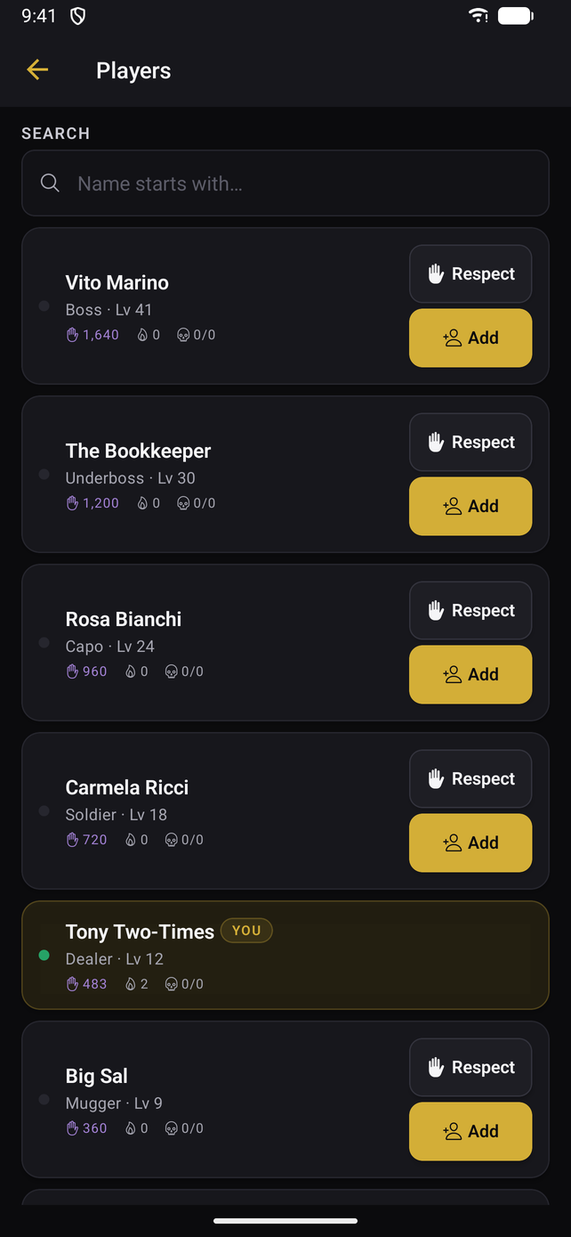 The player list showing rank, level and respect for each player