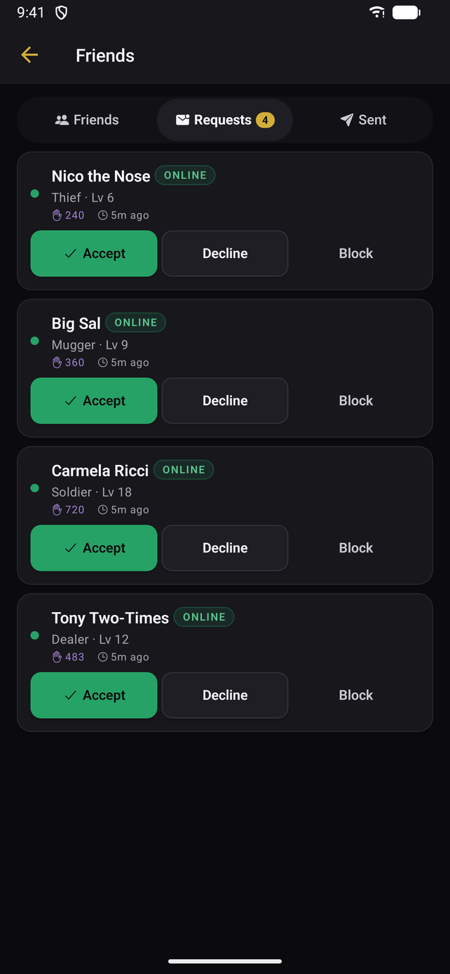 Incoming friend requests with accept, decline and block